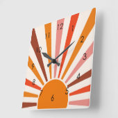 レトロサンレイズバーストサンセットオレンジイエローレッド スクエア壁時計 (傾斜)