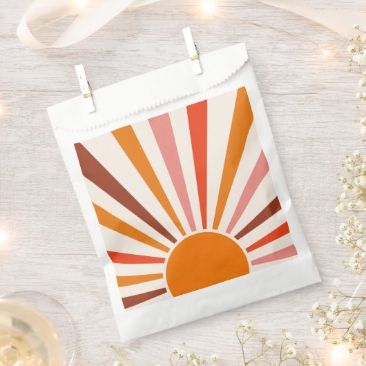 レトロサンレイズバーストサンセットオレンジイエローレッド フェイバーバッグ (クリップ留めされた状態)