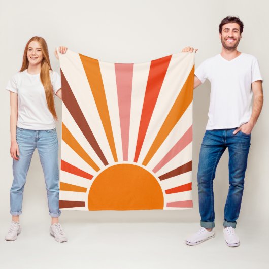 レトロサンレイズバーストサンセットオレンジイエローレッド フリースブランケット (インサイチュ)