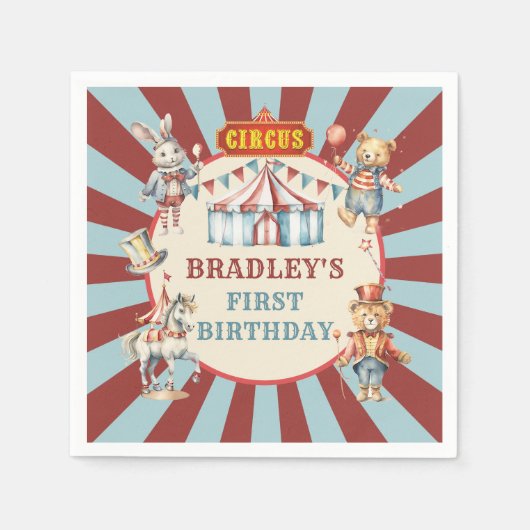 レトロサーカス動物カーニバルフェスティバル誕生日 スタンダードカクテルナプキン (正面)