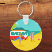 レトロサーファーカップルのボタンキーチェーン キーホルダー (正面)