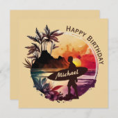 レトロサーファーサンセットビーチ誕生日カード サンキューカード (正面/裏面)