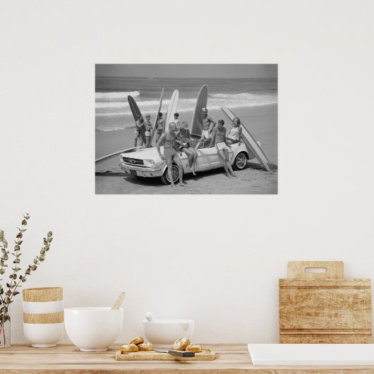 レトロサーファー、白黒ビーチヴィンテージ ポスター (キッチン)