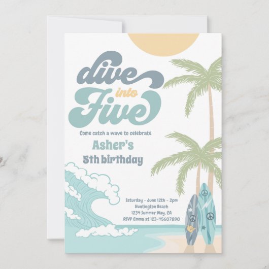 レトロサーフィンパーティーに飛び込め！5歳の誕生日パーティー 招待状 (正面)