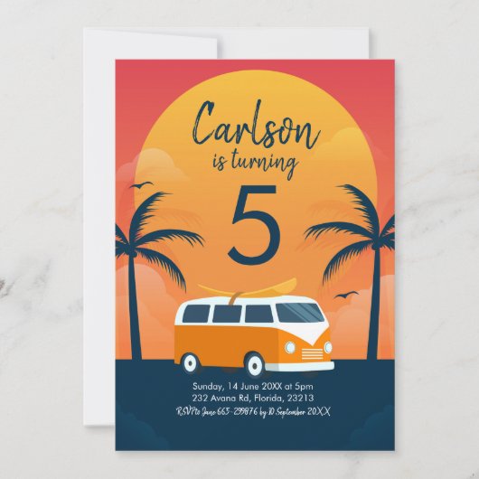 レトロサーフィン誕生日招待状 招待状 (正面)