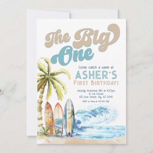 レトロザビッグワンサーファービーチ1st誕生日 招待状 (正面)
