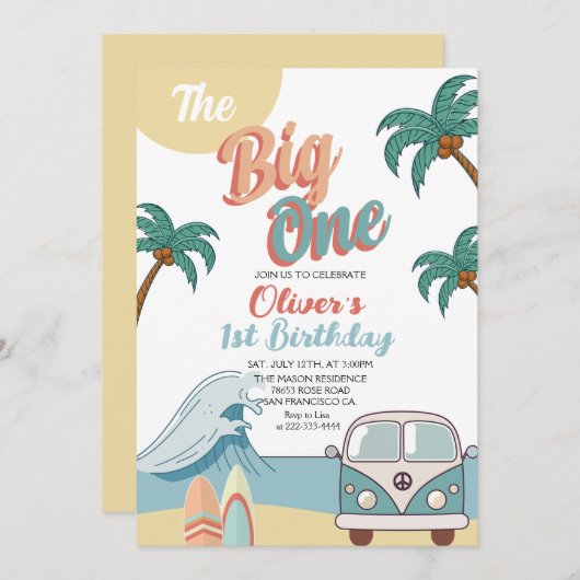 レトロザビッグワンサーフビーチ1st誕生日 招待状 (正面/裏面)