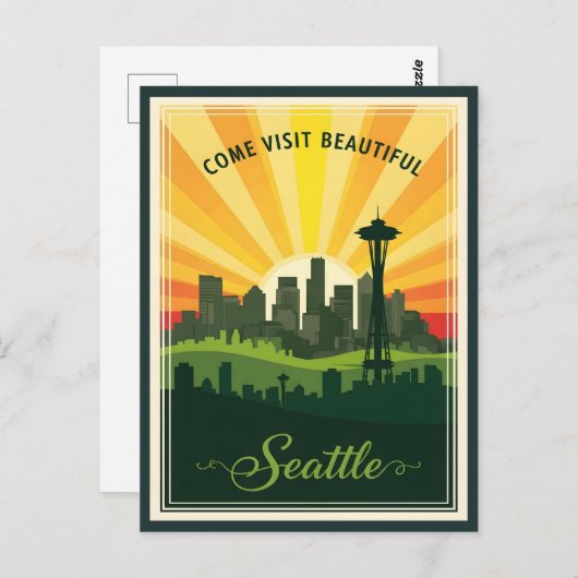 レトロシアトルのスカイラインと宇宙針(日没) ポストカード (正面/裏面)