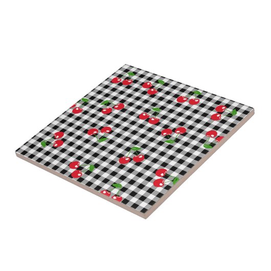 レトロシックかわいい赤さくらんぼ白黒ギンガム タイル (側面)