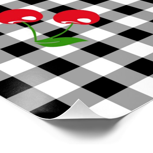 レトロシックかわいい赤さくらんぼ白黒ギンガム ポスター (コーナー)