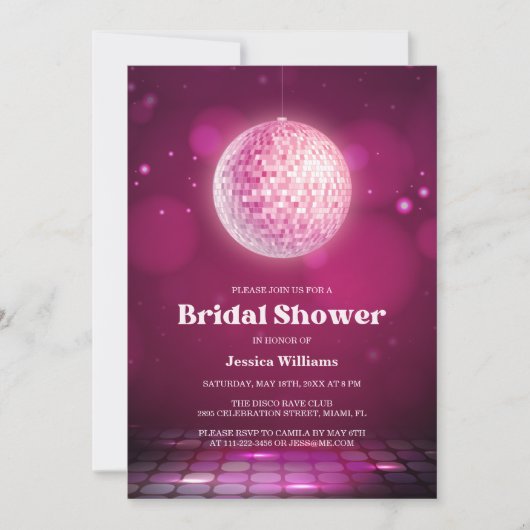 レトロシックなグラムピンクディスコボールブライダルシャワー 招待状 (正面)