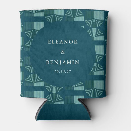 レトロシックエレガントアーチティール（緑がかった色）ブルーカスタムウェディング 缶クーラー (正面)