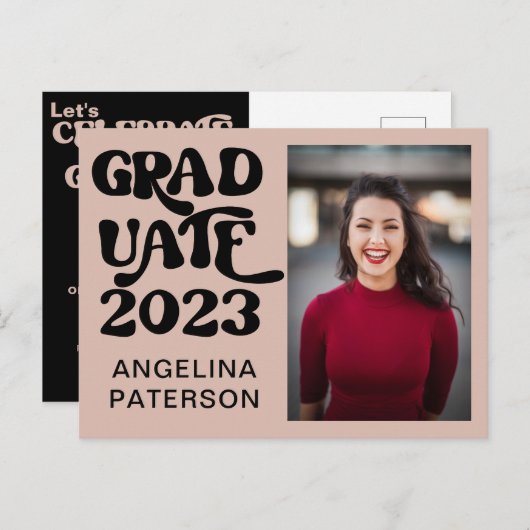 レトロシックフォトブラック&ピンク大学院パーティー インビテーションポストカード (正面/裏面)