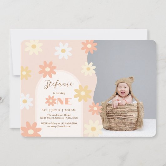 レトロシックボヘミアデイジー1st誕生日ベビー写真 招待状 (正面)