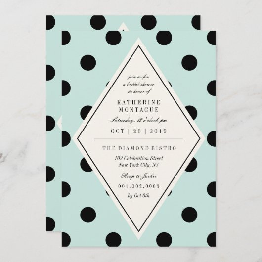 レトロシック水玉模様ダイヤモンドブライダルシャワー招待状 招待状 (正面/裏面)