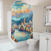 レトロシティスケープ川サンセット» シャワーカーテン (インサイチュ)