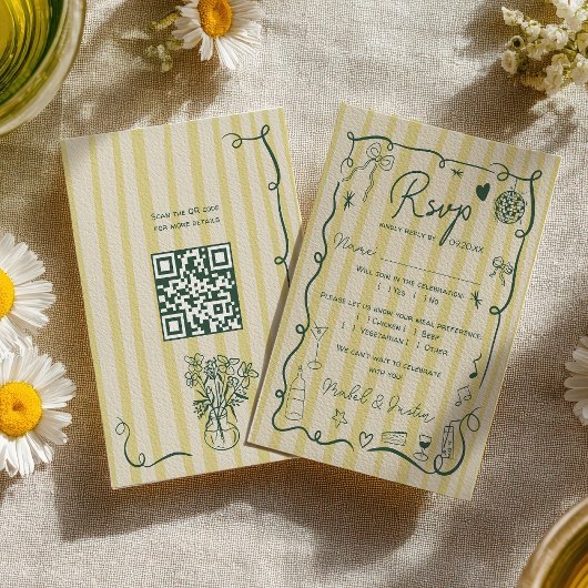 レトロシトラスグリーンの手描き結婚式QR 出欠カード