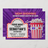 レトロシネマサインとポップコーン誕生日ムービーナイト 招待状 (正面/裏面)