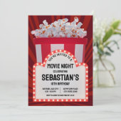 レトロシネマサインとポップコーン誕生日ムービーナイト 招待状 (スタンド正面)