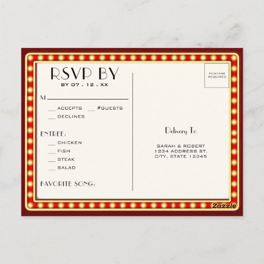 レトロシネマシアターマーキーサインレッドウェディングRSVP ポストカード (裏面)