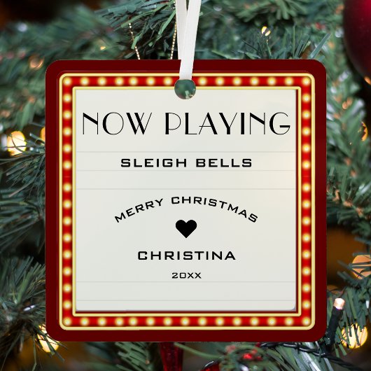 レトロシネマシアターマーキーサインレッドクリスマス メタルオーナメント