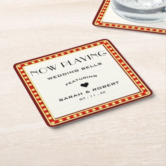 レトロシネマシアターマーキーサインレッド結婚 スクエアペーパーコースター (アングル)