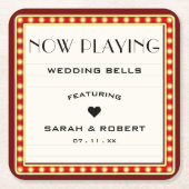 レトロシネマシアターマーキーサインレッド結婚 スクエアペーパーコースター (正面)