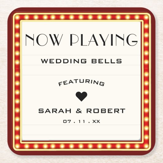 レトロシネマシアターマーキーサインレッド結婚 スクエアペーパーコースター (正面)