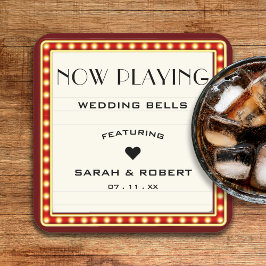 レトロシネマシアターマーキーサインレッド結婚 スクエアペーパーコースター