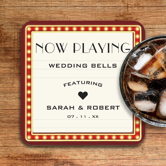 レトロシネマシアターマーキーサインレッド結婚 スクエアペーパーコースター