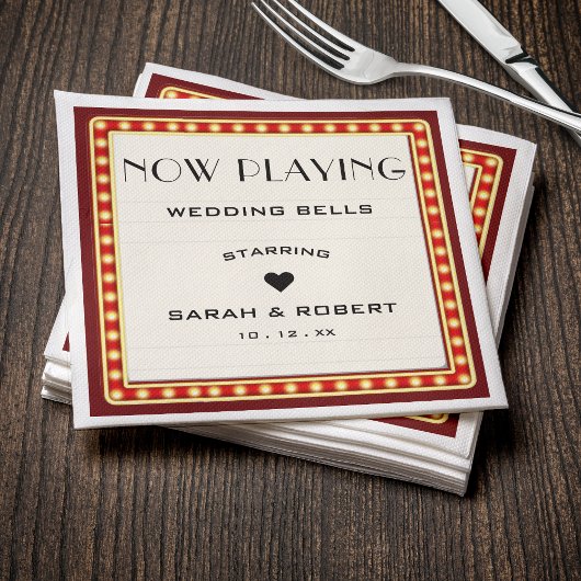レトロシネマシアターマーキーサインレッド結婚 スタンダードカクテルナプキン