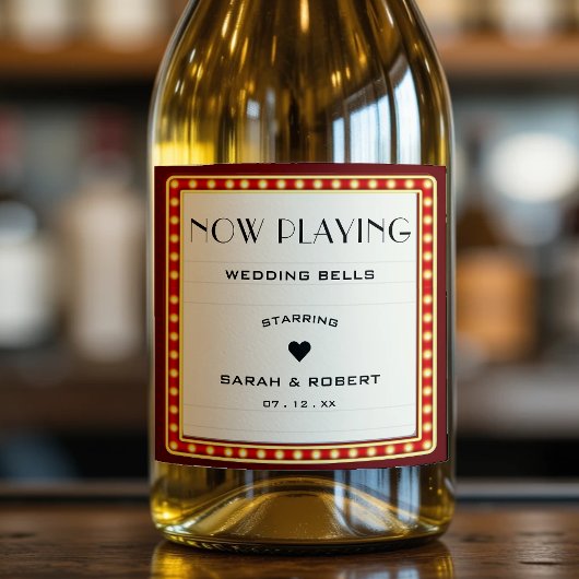 レトロシネマシアターマーキーサインレッド結婚 スパークリングワインラベル
