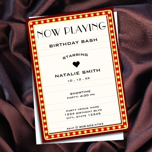 レトロシネマシアターマーキーサインレッド誕生日 招待状