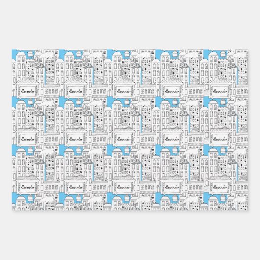 レトロシパーソナライズされたティ建物かわいいハンドドロー ラッピングペーパーシート (正面)