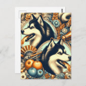 レトロシベリアハスキーイラストレーション ポストカード (正面/裏面)