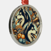 レトロシベリアハスキーイラストレーション メタルオーナメント (右)