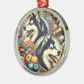 レトロシベリアハスキーイラストレーション メタルオーナメント (左)