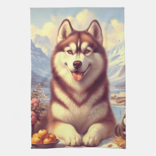 レトロシベリア絵画ハスキー キッチンタオル (縦)
