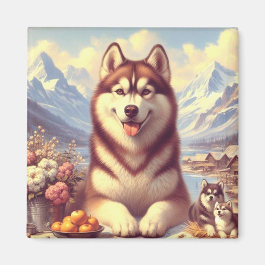 レトロシベリア絵画ハスキー マグネット (正面)