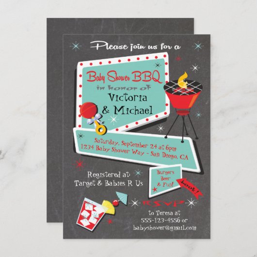 レトロシャルボードベビーシャワーバーベキュー招待状 招待状 (正面/裏面)