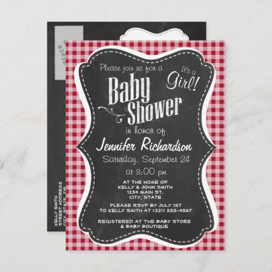 レトロシャルボード、カーミンレッドジンガム; インビテーションポストカード (正面/裏面)