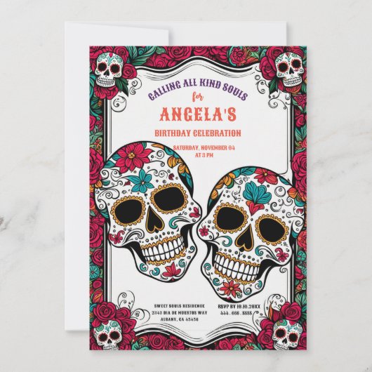 レトロシュガースカルディアデロスムエルトス誕生日 招待状 (正面)