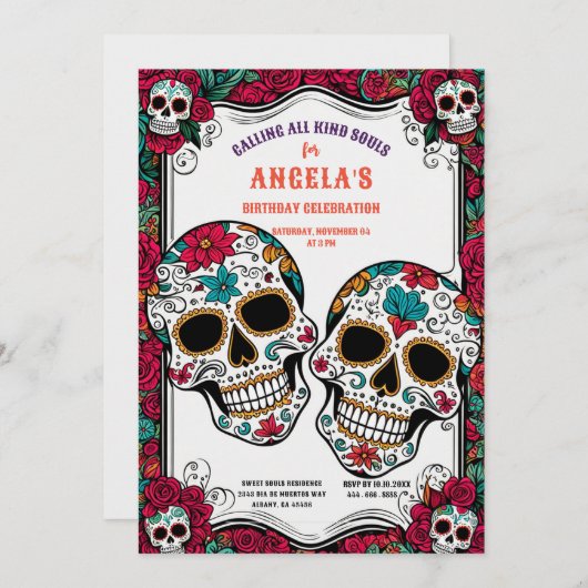 レトロシュガースカルディアデロスムエルトス誕生日 招待状 (正面/裏面)