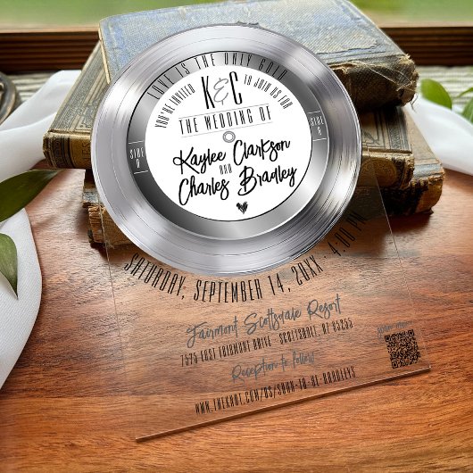 レトロシルバービニールレコードテーマ結婚ズアーチ アクリル招待状