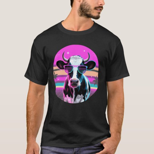 レトロシンスウェーブカウサングラスウシ Tシャツ (正面)