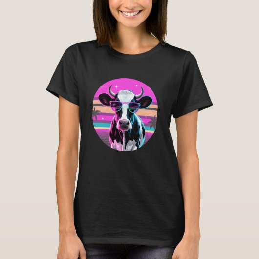 レトロシンスウェーブ牛サングラス牛 Tシャツ (正面)