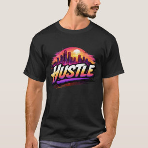 レトロシンセウェーブの街の夕焼けアート「Hustle Retro Synthwave City Su Tシャツ