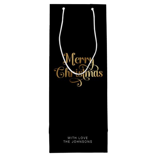 レトロシンプルスクリプトブラック金ゴールドメリークリスマス ワインギフトバッグ (裏面)