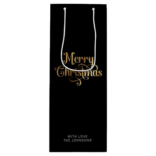 レトロシンプルスクリプトブラック金ゴールドメリークリスマス ワインギフトバッグ (正面)
