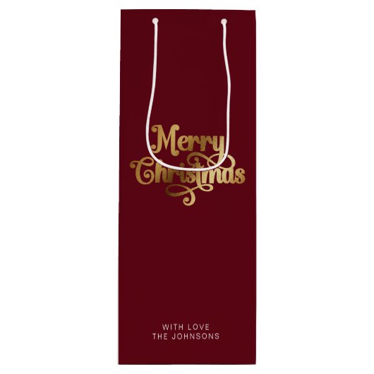 レトロシンプルスクリプトレッド金ゴールドメリークリスマス ワインギフトバッグ (正面)